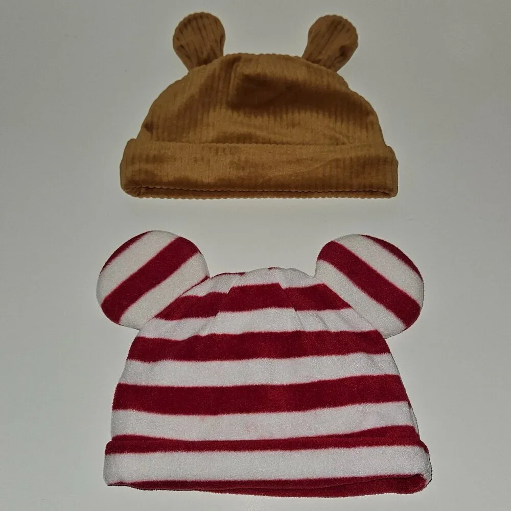 2 Disney Baby Hat Lot Ribbed Winnie Pooh 0-6 M Red White Striped Mickey 9-12 M
